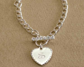Personalized Sterling Silver-Plate Toggle Heart-Charm Bracelet with Rhinestones