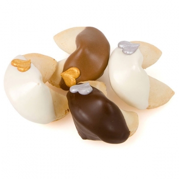 Chocolate-Dipped Gourmet Fortune Cookies with Silver and Gold Hearts